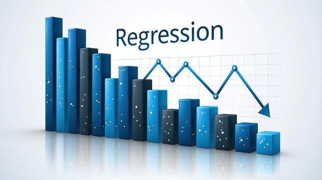 Blue bar chart and line graph illustrating regression analysis with statistical data points and downward trend for business forecasting and mathematical modeling