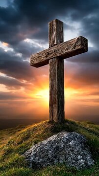 Solitary Wooden Cross on Hilltop Against Golden Sunset Sky | Vertical Video