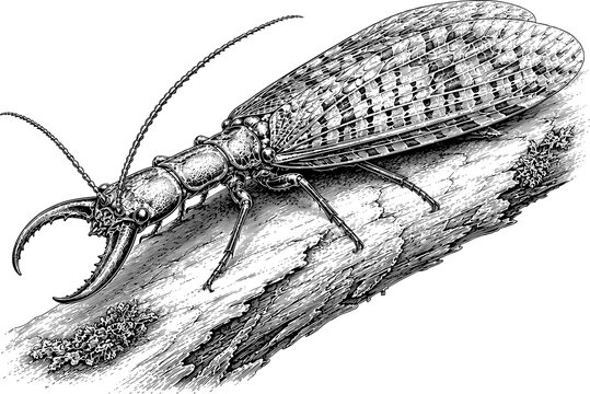 Dobsonfly on Tree Bark, Hand Drawn Black and White Engraving Style Insect Illustration