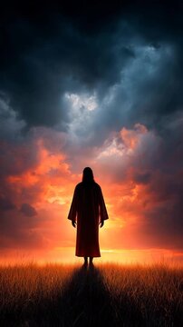 Jesus Christ Alone in Wilderness at Dusk with Shadow of Temptation | Vertical Video