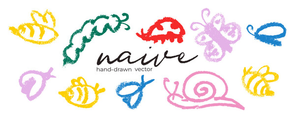 Colorful crayon doodle insects set with cute bees, butterfly, caterpillar and snail. Playful hand drawn wax pastel vector bugs, chalk collection for kids design, nature projects, and nursery decor © EgorTopor