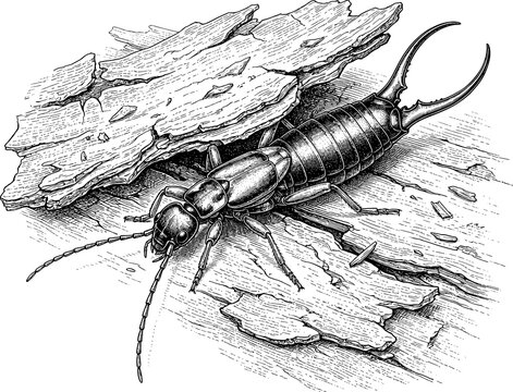 Earwig Insect on Tree Bark Hand Drawn Engraving Illustration
