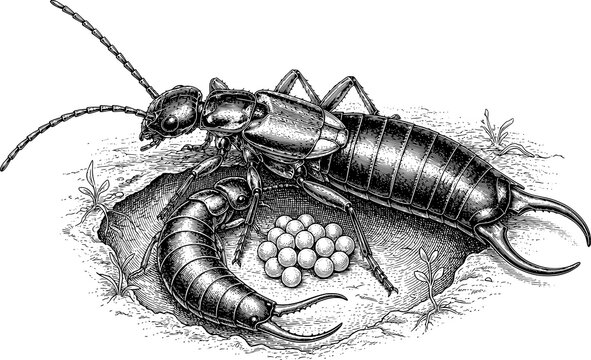 Earwig Insect on Tree Bark Hand Drawn Engraving Illustration