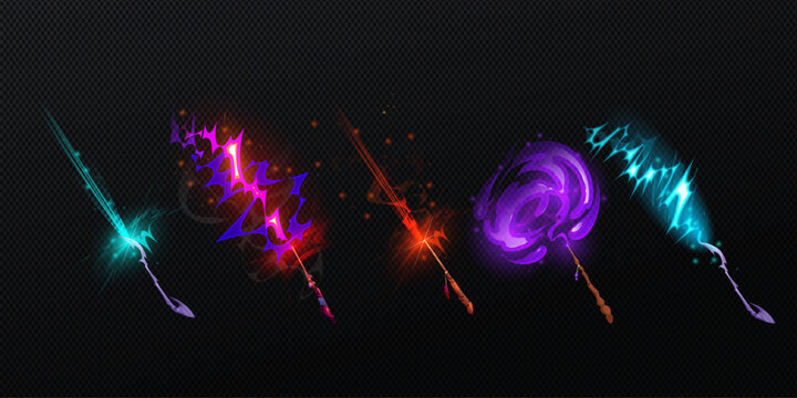 Fantasy magic wands collection fire water nature and shadow elements