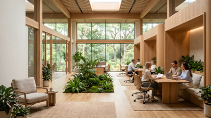 Fototapeta premium Luxury wellness office featuring biophilic design natural materials indoor gardens and collaborative workspace