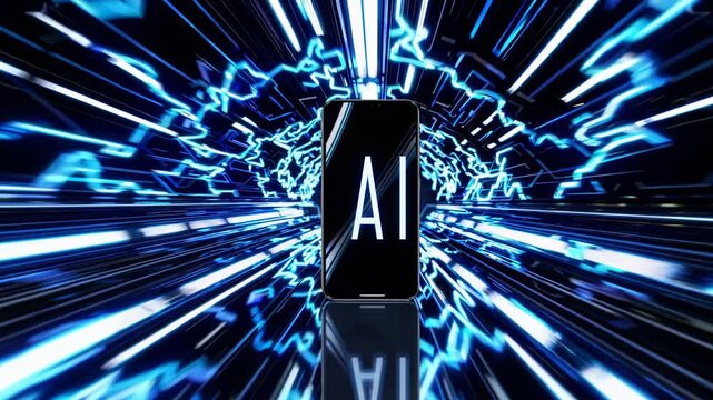 Smartphone displaying AI text with dynamic blue light streaks and electric patterns creating a futuristic atmosphere in a digital environment