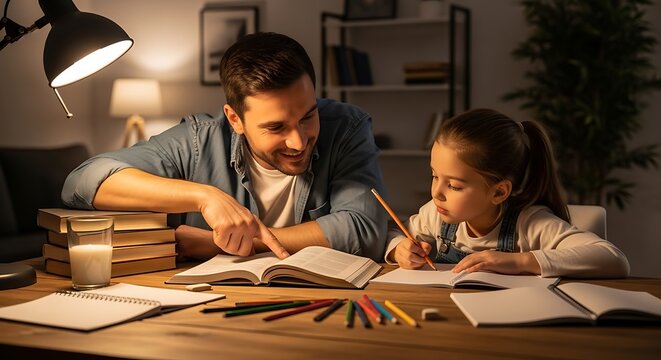 Father helping daughter with homework at wooden table. Parent tutoring young girl studying with pencil and notebook at home.
