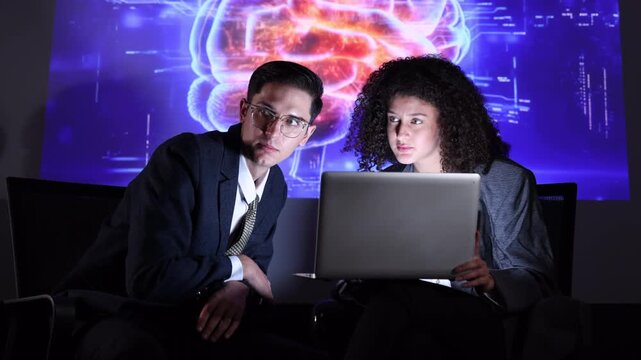 Seminar woman with man in conversation for ai governance, machine learning, Presenter promoting artificial intelligence solutions, Strategy plan to executive write prompt AI bot IT app program.