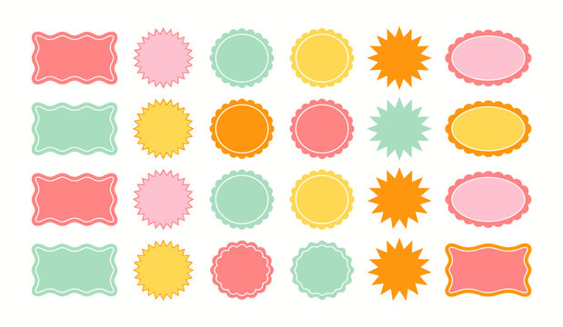 Set of colorful decorative badges frames and blank labels in various shapes with decorative colorful collection rectangle starburst template