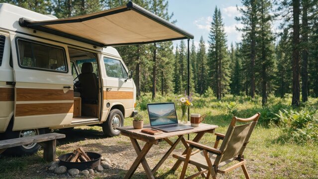 Digital nomad working on laptop inside cozy camper van. Camper van with open awning and laptop on table in forest setting, surrounded by trees and a fire pit for remote work lifestyle