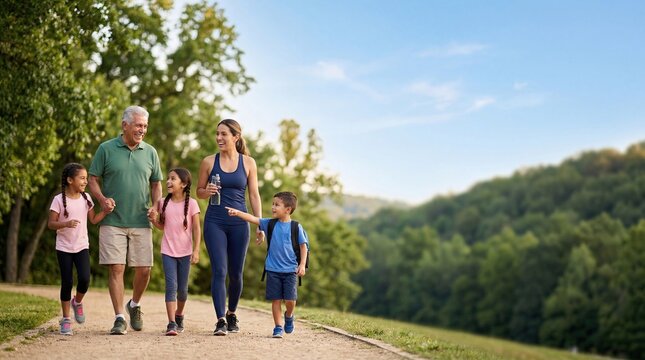 Happy multi-generation family walking together on a scenic nature trail during summer vacation, enjoying outdoor hiking activity and healthy lifestyle in the beautiful forest la...