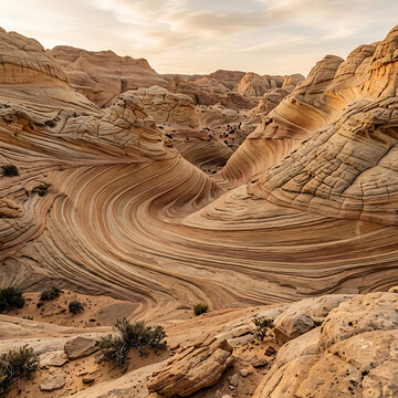 Stunning sandstone geological formations featuring swirling orange patterns and natural wave landscapes in a remote desert wilderness canyon