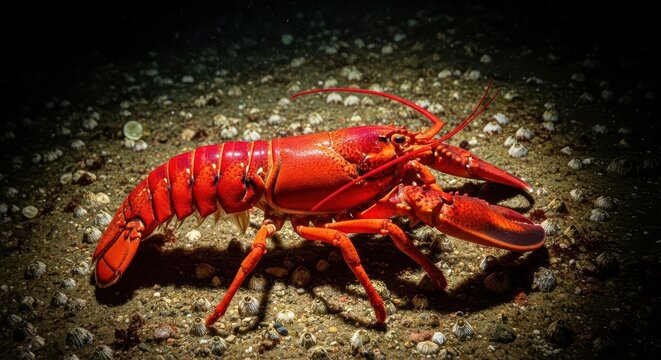 Vibrant Red Lobster Scuttling Sideways on Ocean Floor