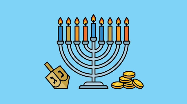 A traditional menorah with lit candles and a dreidel for the Hanukkah holiday