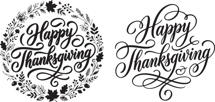 Elegant happy thanksgiving lettering with floral wreath perfect for cards invitations and autumn decorations