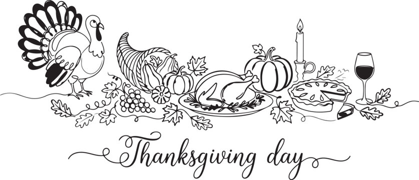 Festive thanksgiving day illustration turkey cornucopia and traditional dinner with calligraphy text