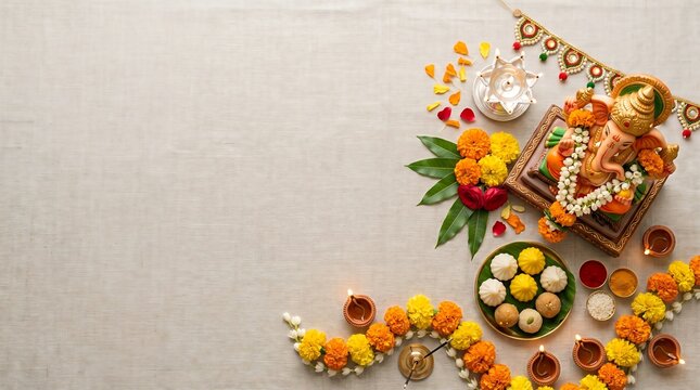 Lord Ganesha idol with modak sweets marigold garlands and oil lamps on white fabric background copy space