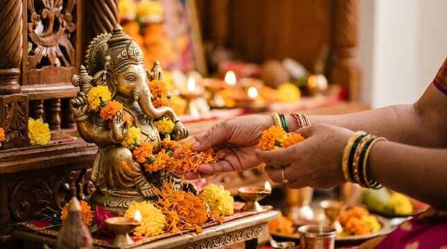 Close up of woman hands offering marigold flower petals to brass Ganesha idol during puja ritual