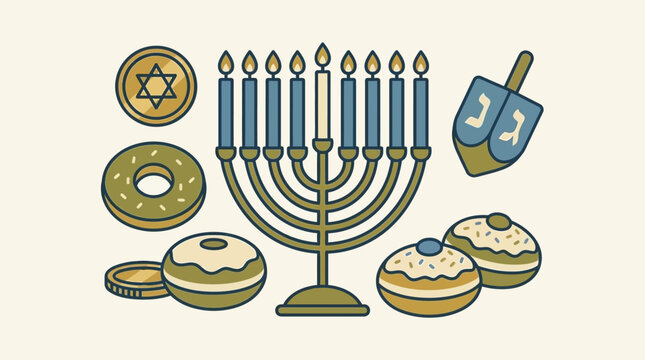 A festive Hanukkah menorah surrounded by traditional holiday treats and spinning dreidel toys
