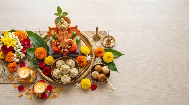 Lord Ganesha idol with modak sweets and marigold flowers on brass thali top view copy space