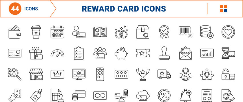 Loyalty program stamp line icon set. Vector pictograms of card, reward, customer, and retention elements, thin linear illustration.