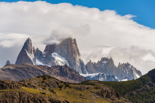 Dramatic mountain peaks and clouds in El Chalten, Santa Cruz
