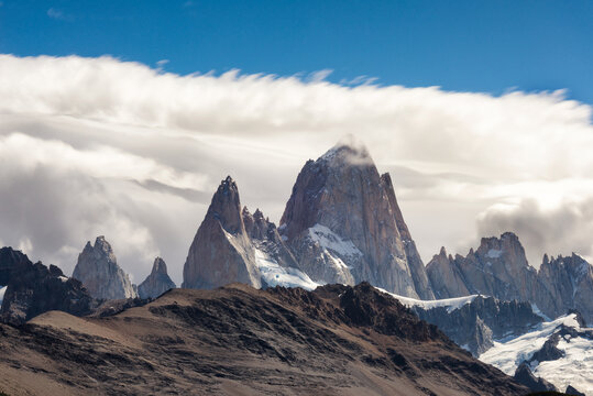 Majestic Mountain Peaks and Clouds in Patagonia, Argentina Landscape