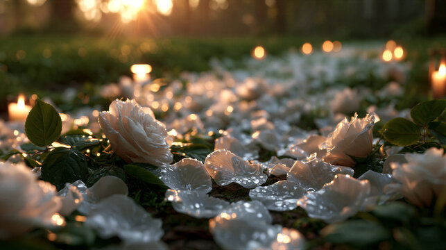 White rose petal aisle with glowing candles and fresh greenery under golden sunset. Cinematic shallow depth of field and right negative space ideal for wedding invitation design and event branding.