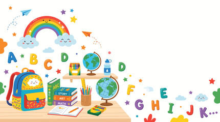Fototapeta premium School corner background for children featuring a backpack, books, globe, rainbow, and paper planes with a blank ribbon frame for text, ideal for educational posters, invitations, and school flyers. 