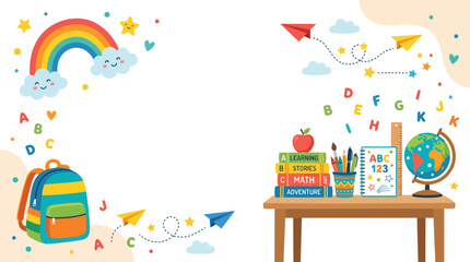 Colorful children education theme background with school supplies, backpack, books, globe, and rainbow. Cute vector illustration for kids learning, classroom banner, and academic study presentation.