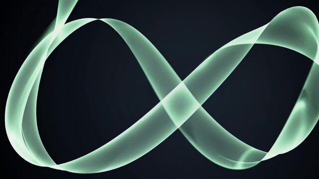 Flowing translucent green ribbons create an infinite loop pattern against a dark background, showcasing a continuous motion and elegant design in a visually captivating manner
