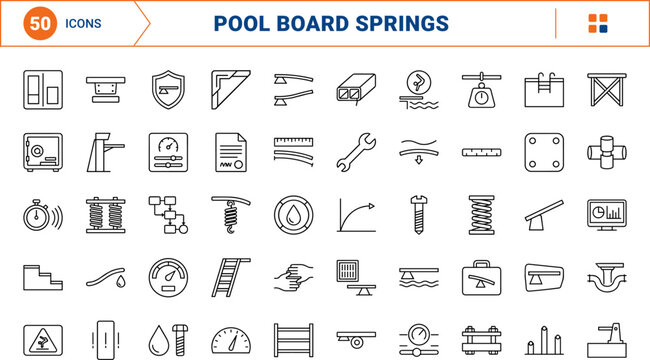 Swimming pool diving board spring hardware line icon set. Vector pictograms of springboard, fulcrum, commercial, and aquatic elements, thin linear illustration.