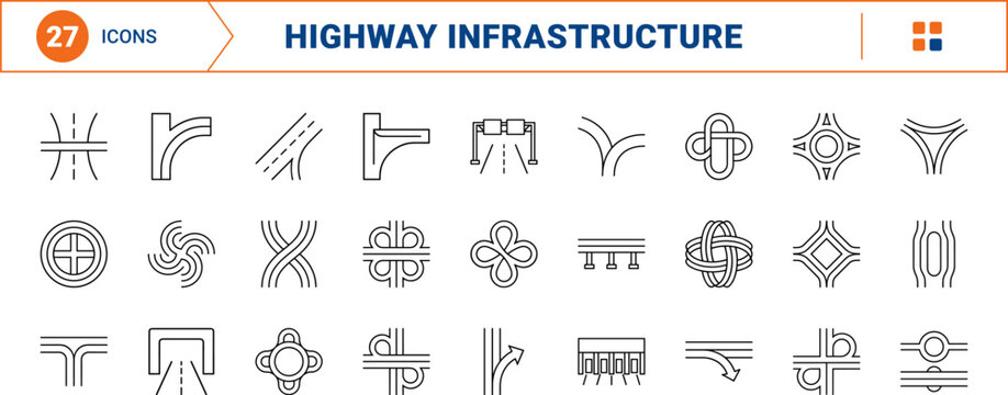 Highway interchange road junction line icon set. Vector pictograms of transportation, infrastructure, freeway, and civil elements, thin linear illustration.