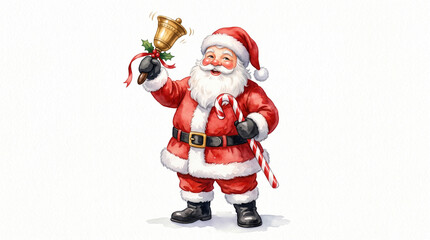 Fototapeta premium Santa Claus watercolor illustration. Winter Christmas character holding a golden bell.