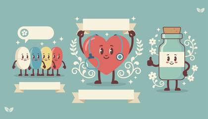 Fototapeta premium Healthcare label templates with cute retro cartoon characters of a heart stethoscope pills and medicine bottle
