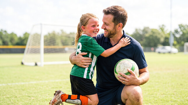 Father comforting young daughter after children&rsquo;s soccer match during supportive family sports moment