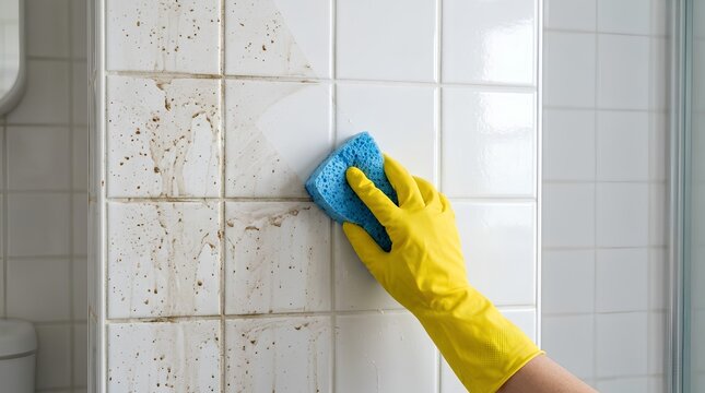 Hand in yellow rubber glove using blue sponge to scrub dirty white bathroom tiles