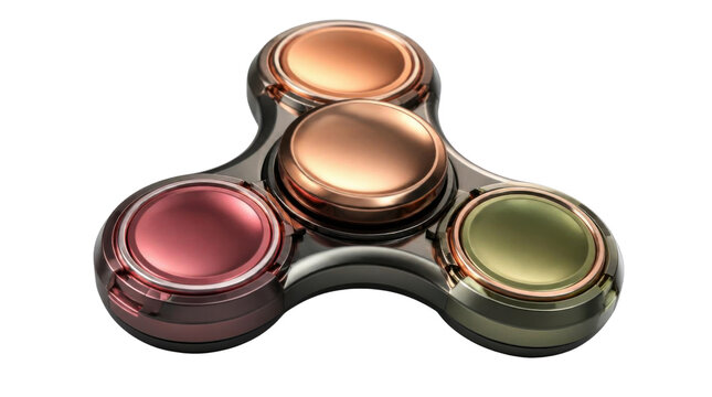 Three colorful fidget spinner with metallic finish on Transparent Background