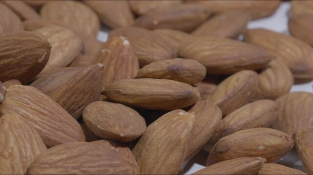 Extreme macro panning shot moving smoothly across a pile of fresh raw almonds, highlighting rich dry fruit texture, healthy nutrition, and organic food quality.