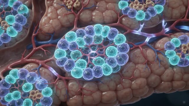 Medical animation of human pancreas zooming into cellular structure