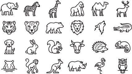 Obraz premium Minimalist line art vector icons depicting diverse wildlife and domestic animal collection