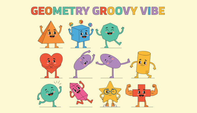 Cute retro cartoon geometric shapes characters with funny facial expressions in athletic poses