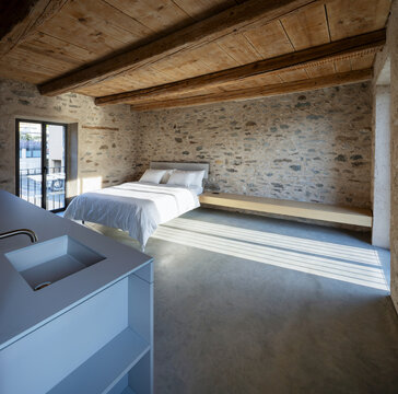 Wide bedroom.  Romanntic space. 
A beautiful, spacious bedroom with two large windows and a washbasin for washing before bed. 