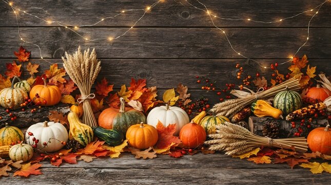 Festive thanksgiving background with pumpkins wheat and fall leaves autumn holiday scene
