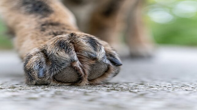 Closeup view of a furry canine paw resting on a textured surface.