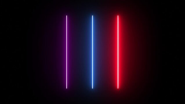 Glowing neon lines animation featuring magenta blue and red vertical light bars flickering against dark black background for abstract digital design elements or motion graphics video template presenta
