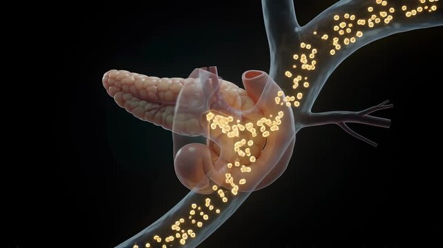 Human pancreas releasing insulin into blood vessel animation