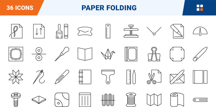 Paper creasing bookbinding tool line icon set. Vector pictograms of bone, folder, crease, and scoring elements, thin linear illustration.