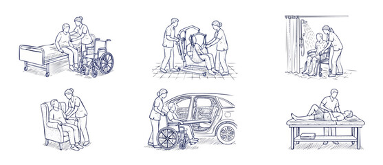 Obraz premium Patient Care Nursing Illustration Set showing elderly assistance, wheelchair transfer, medical lift, shower aid, physiotherapy, and hospital mobility support. Sketch line art icons on white background