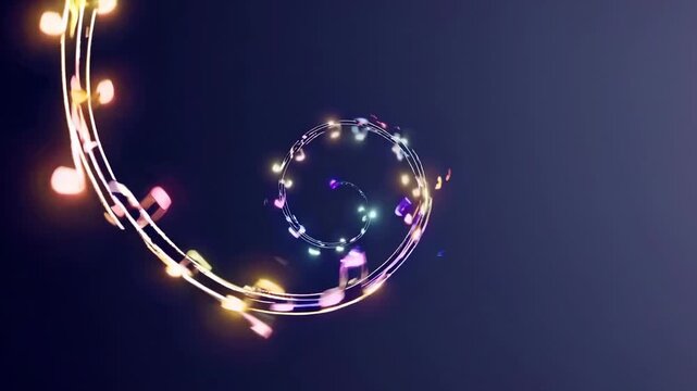 Colorful musical notes swirl in a spiral pattern with glowing lights, creating a vibrant visual effect against a dark background in a dynamic motion sequence